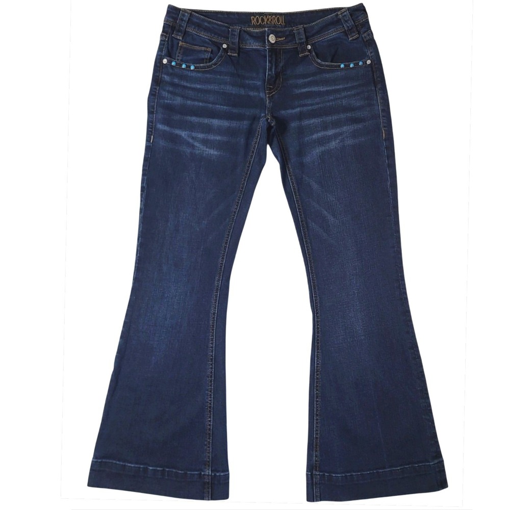 Rock & Roll Cowgirl Dark Denim Bootcut Jeans with Turquoise Stud Sz‎ 30x32